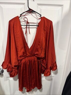 glam Red Satin Deep V Romper